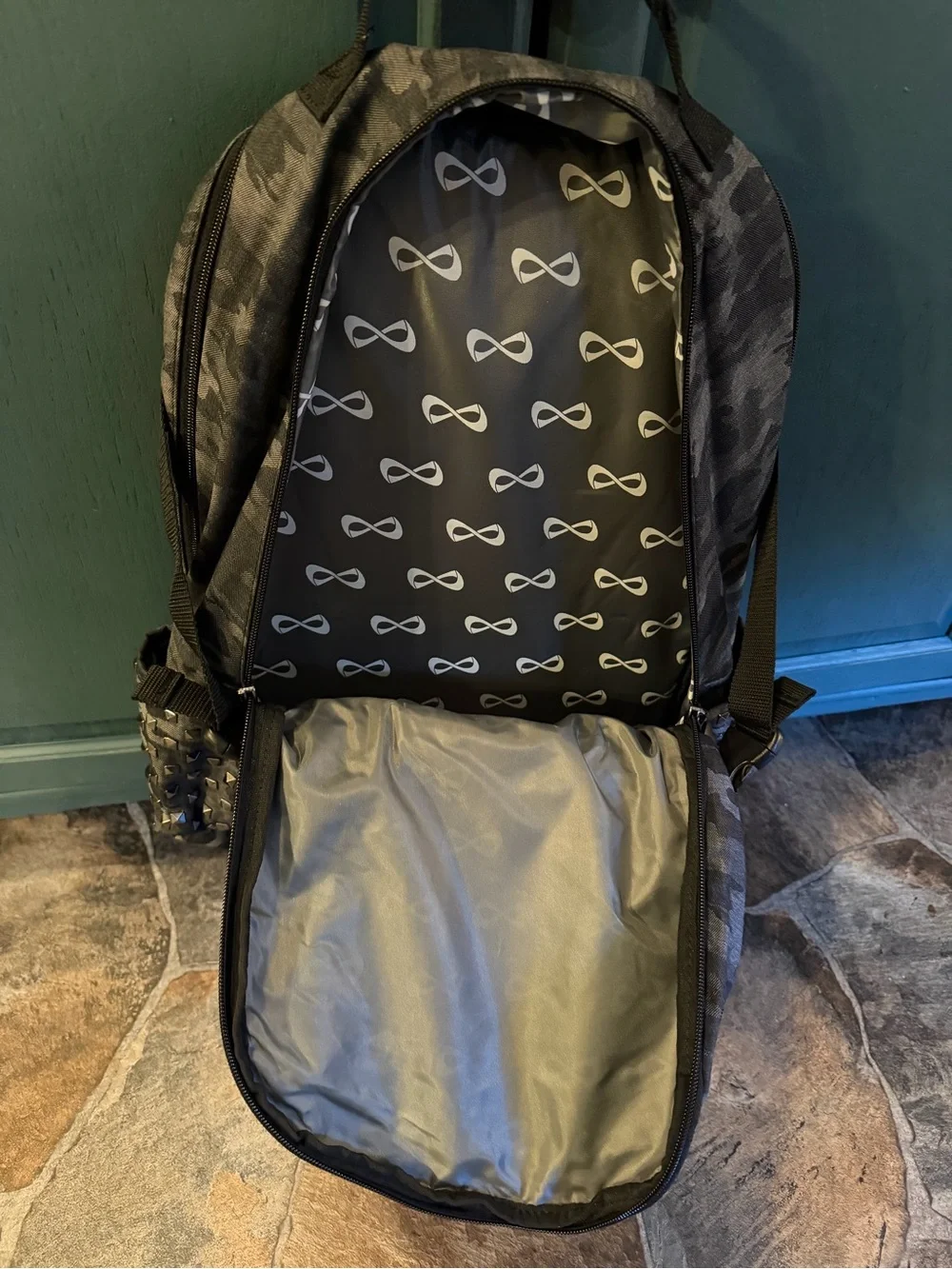 Nfinity Slate/Black Camo Women’s Cheer Backpack W/Hematite Pyramid Studs!!